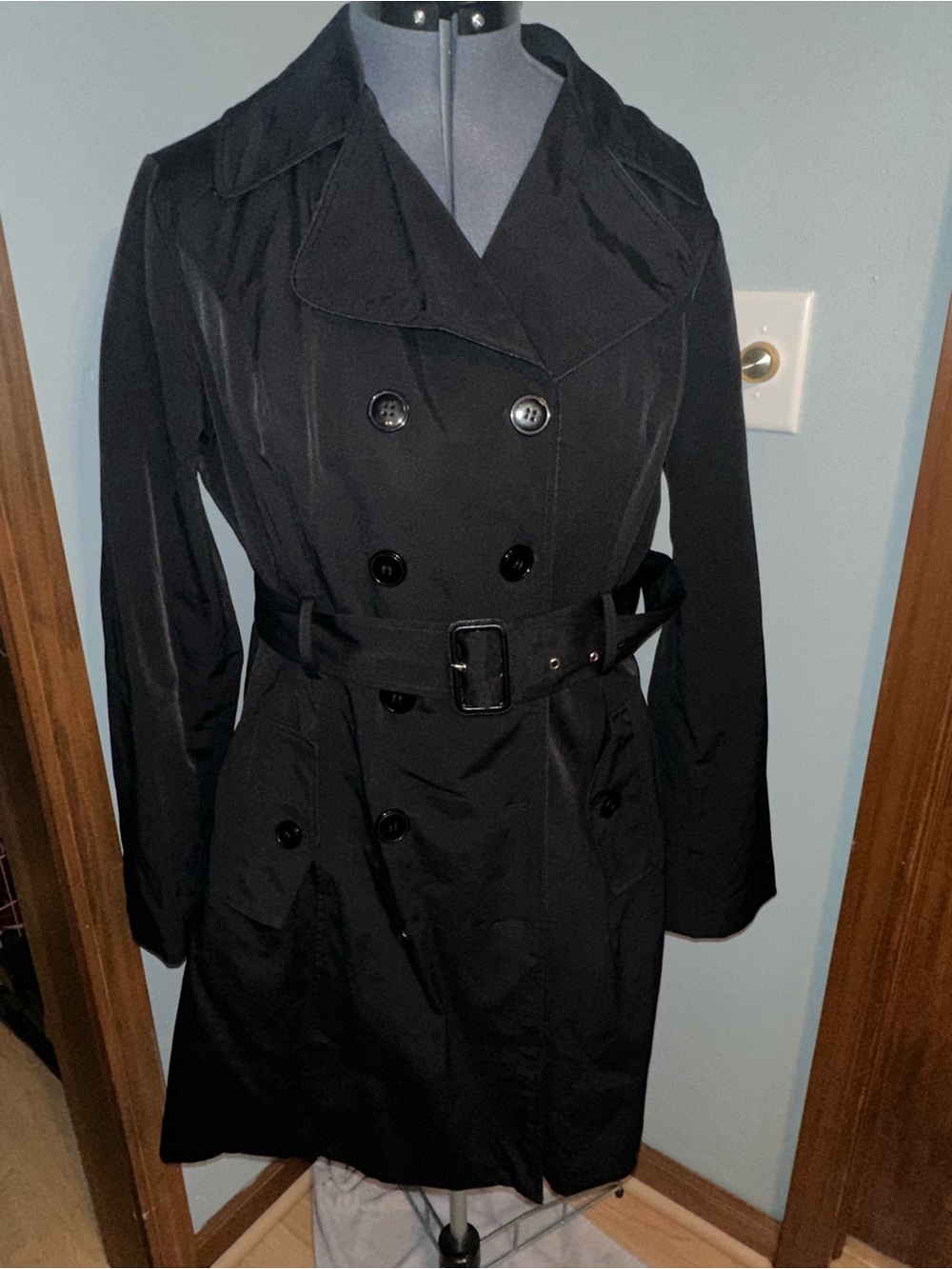 New York & Company Black Double-Breasted Trench with Belt